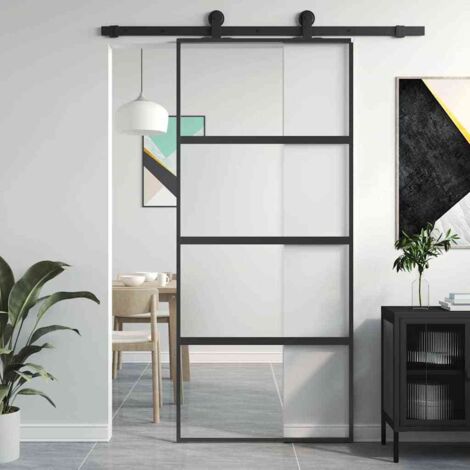 Vidaxl – Porte coulissante en verre trempé noir 90x205 cm – Aluminium robuste – Coulissement silencieux – Accessoires de montage inclus