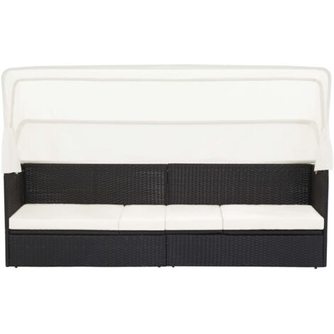 Vidaxl – Canapé de jardin avec auvent noir en résine tressée – Cadre en acier – Coussin épais amovible – Dimensions 205x62x70cm
