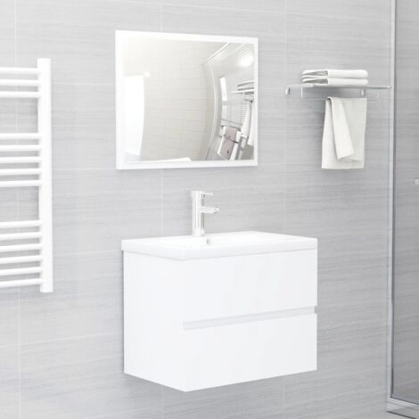 Vidaxl – Ensemble meuble lave-mains blanc 60x38,5x45 cm – Armoire d'évier en aggloméré avec tiroir – Lavabo céramique intégré – Miroir inclus