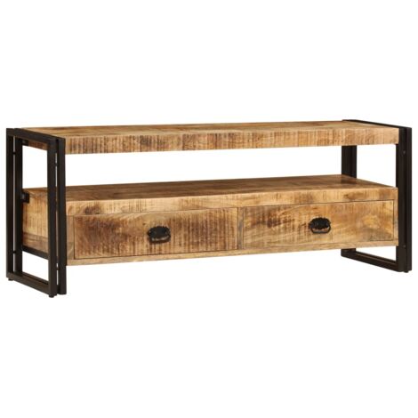 Vidaxl – Meuble TV en bois de manguier massif 120x35x45 cm – 2 tiroirs – Acier renforcé pour stabilité – Style vintage