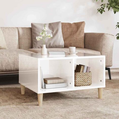 Vidaxl – Table basse fixe blanche brillante 60x50x36,5 cm – Bois d'ingénierie et eucalyptus massif – 4 compartiments de rangement ouverts (1/5)