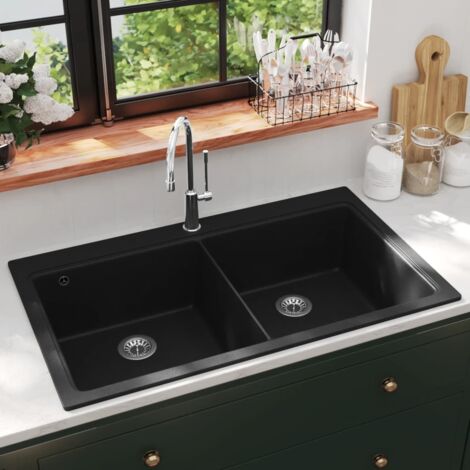 Vidaxl – Évier de cuisine en granit noir – 2 bacs profonds – Résistant aux chocs et aux rayures – Anti-salissures et facile à nettoyer