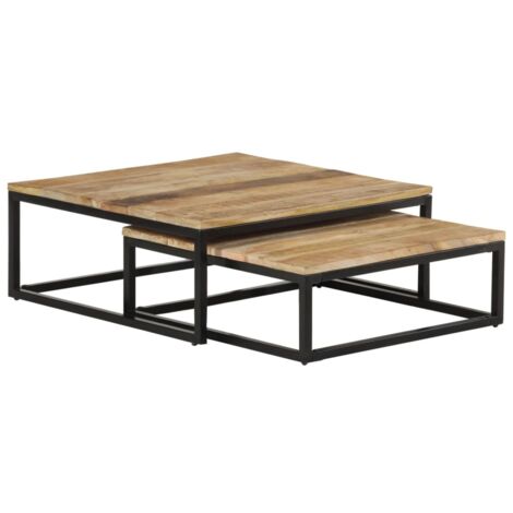 Vidaxl – Tables basses gigognes 2 pcs en bois de manguier brut – Finition naturelle – Base en fer noir – Dimensions 70x68x27 cm et 60x60x21 cm