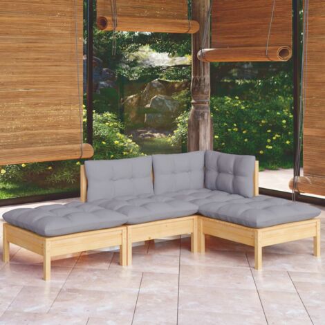 Vidaxl – Salon de jardin 4 pcs – Bois de pin massif – Coussins gris – Dimensions canapé 63,5 x 63,5 x 62,5 cm – Capacité 110 kg