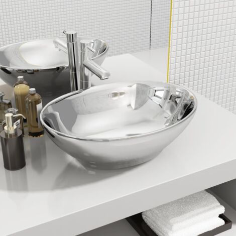 Vidaxl – Vasque à poser céramique argentée 40 x 33 x 13,5 cm – Forme ovale – Installation au-dessus du comptoir – Design contemporain