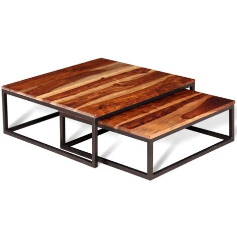 Vidaxl – Ensemble de 2 tables basses gigognes en bois de Sesham – Finition mate – Cadre en métal – Dimensions 70x70x26 cm et 60x60x21 cm