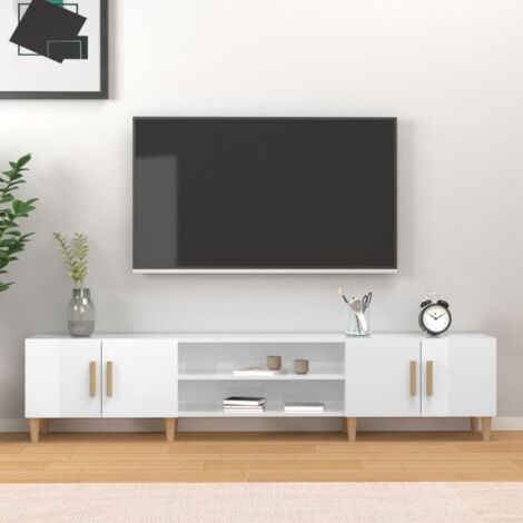 Vidaxl – Meuble TV blanc brillant 180x31,5x40 cm en bois d'ingénierie – 4 compartiments pour rangement – Pieds en bois pour stabilité