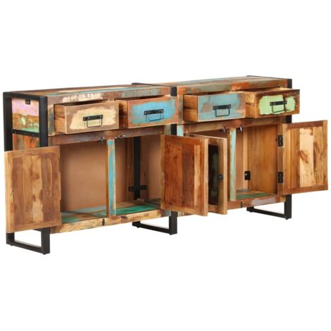 Vidaxl – Buffet en bois de récupération 172x35x80 cm – Acier enduit de poudre – 2 compartiments et 4 tiroirs – Finition artisanale unique