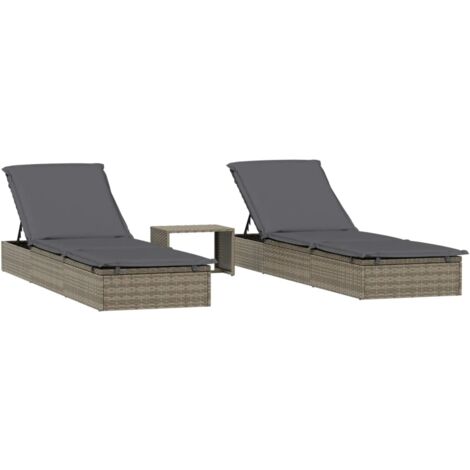 Vidaxl – Transats 2 pcs avec table en résine tressée gris – Structure en acier enduit de poudre – Siège réglable – Dimensions 201x55x20/36cm