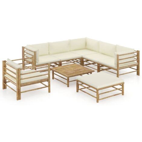 vidaXL Salon de jardin 8 pcs avec coussins blanc crème bambou