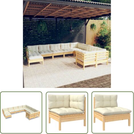 Salon de jardin 10 pcs avec coussins crème Bois de pin (1/5)