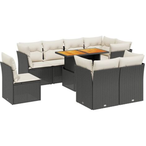 vidaXL Salon de jardin 9 pcs avec coussins noir résine tressée