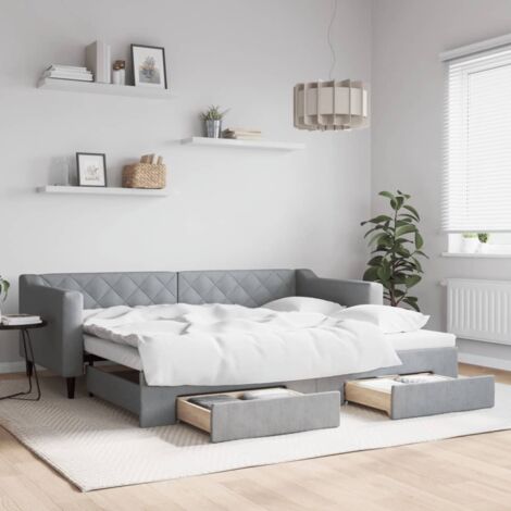 Jinlefu – Lit gigogne avec tiroirs gris clair 90x200 cm – Construction robuste en bois et métal – Tissu durable – Solution gain de place (1/5)
