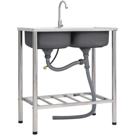 vidaXL Évier de camping Double lavabo avec robinet Acier inoxydable