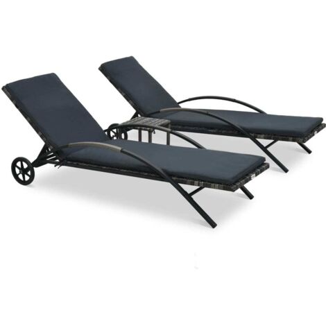 Vidaxl – Ensemble de chaises longues en résine tressée anthracite – 2 chaises longues avec table – Structure en acier laqué – Dossier réglable