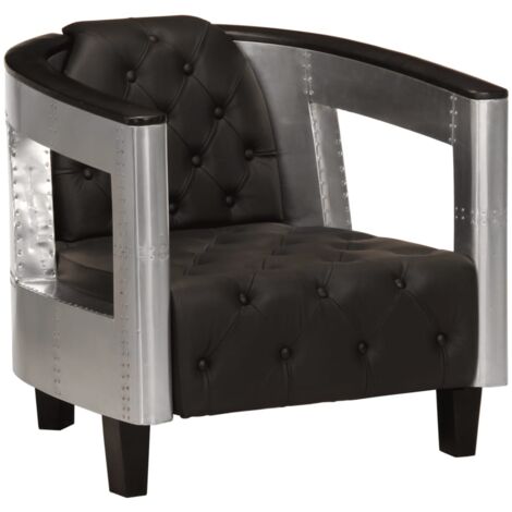 Vidaxl – Fauteuil relax en cuir véritable noir – Accoudoirs en aluminium – Dimensions 73 x 67 x 69 cm – Design d'aviation élégant