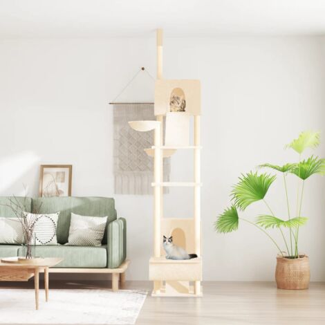 Vidaxl – Arbre à chat du sol au plafond 277-303 cm – 2 maisons, 2 hamacs, 2 échelles, tunnel – Poteau en sisal naturel – Couleur crème (1/6)