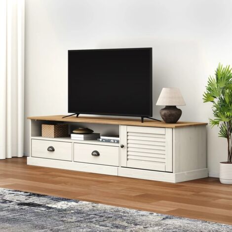 Vidaxl – Meuble TV en bois massif de pin 156x40x40 cm – 2 tiroirs et 1 compartiment ouvert – Style rustique blanc – Rangement pratique pour salon