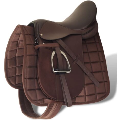 Set de selle équitation 17,5" en cuir véritable 12 cm 5 en 1 brun