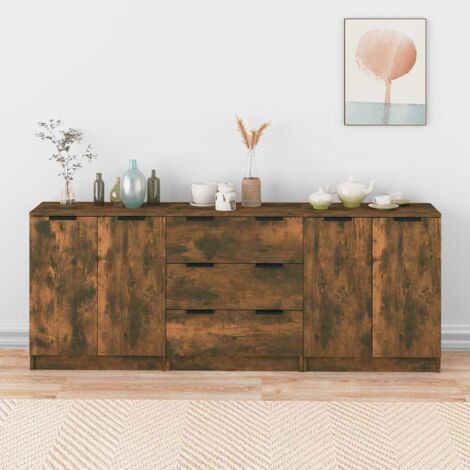 Vidaxl – Buffet 3 pcs en bois d'ingénierie chêne fumé – Dimensions 60 x 30 x 70 cm – Surface lisse et résistante – Rangement optimisé