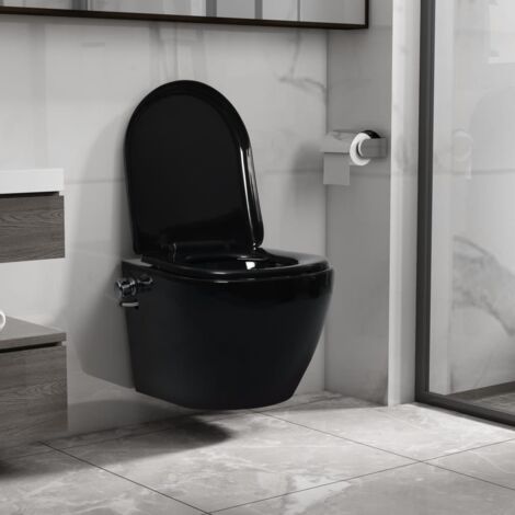 Vidaxl – WC suspendu sans rebord avec fonction bidet – Céramique noire – Surface anti-salissure – Mécanisme de fermeture douce