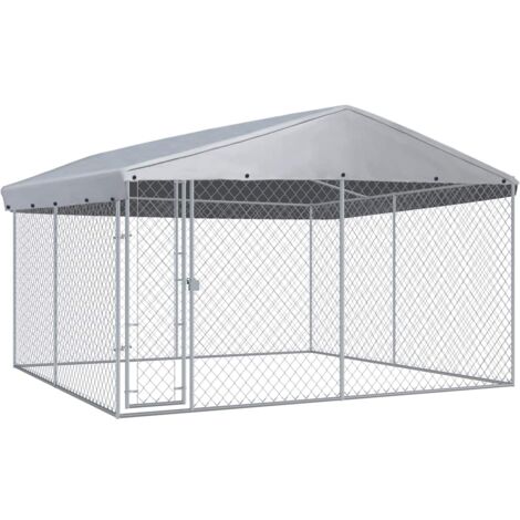 Vidaxl – Chenil extérieur avec toit pour chien 382x382x225 cm – Acier galvanisé robuste – Toit en polyéthylène 100 % – Système de verrouillage sécurisé