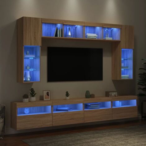 Vidaxl – Ensemble de meubles TV muraux 8pcs – Lumières LED RVB – Bois d'ingénierie chêne sonoma – Grand espace de rangement