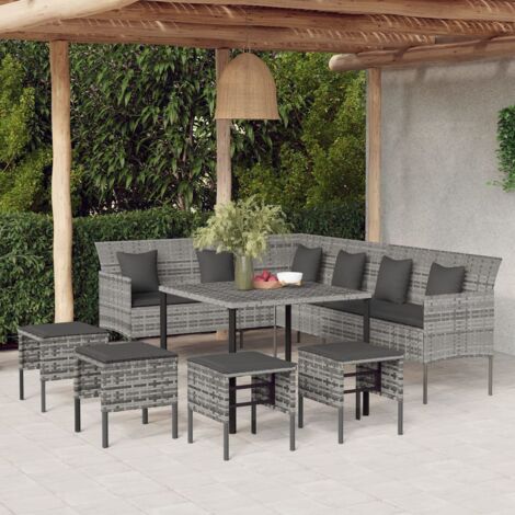Vidaxl – Ensemble à manger jardin 6pcs – Résine tressée grise – Coussins confortables – Table 90x90cm – Canapé en L 220x162cm