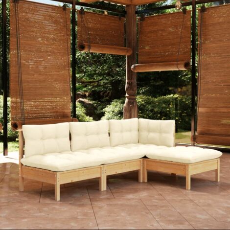 Vidaxl – Salon de jardin 4 pcs en bois de pin massif – Coussins crème en polyester – Canapé d'angle et repose-pied – Capacité 110 kg par siège