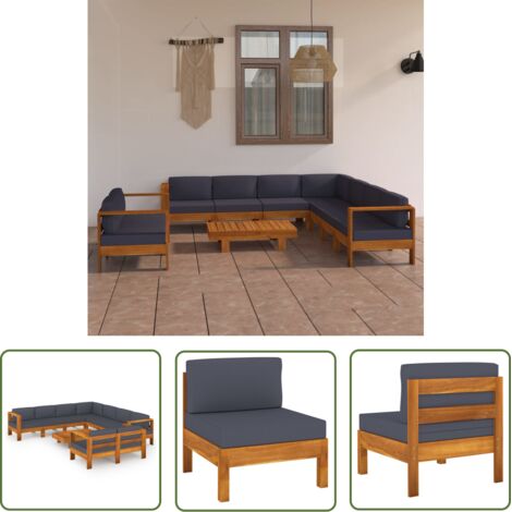 The Living Store Salon de jardin 9 pcs avec coussins gris foncé Bois d'acacia - Salon De Jardin - Mobilier De Jardin - Ensemble De Jardin - Meuble De Jardin - Acacia (1/5)