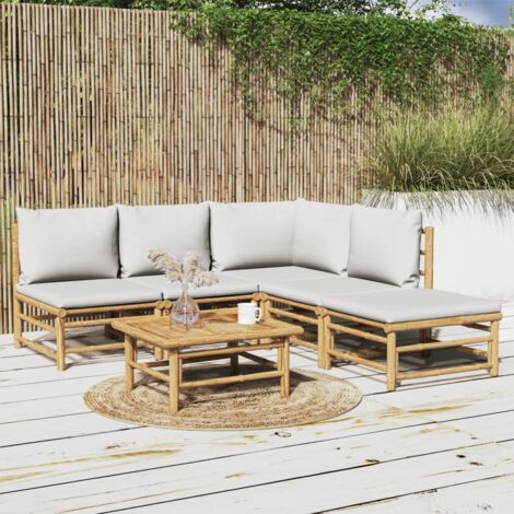 Vidaxl – Salon de jardin 6 pcs en bambou avec coussins gris clair – Ensemble modulaire extérieur – Table 55x65cm – Confort d'assise optimal