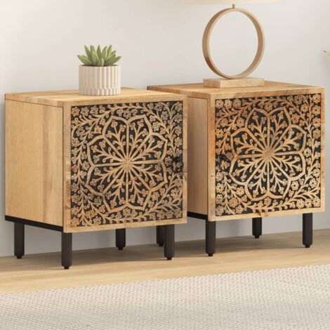 Vidaxl – Tables de chevet 2 pcs en bois de manguier massif – Dimensions 40x33x46 cm – Motif sculpté à la main – Assemblage requis
