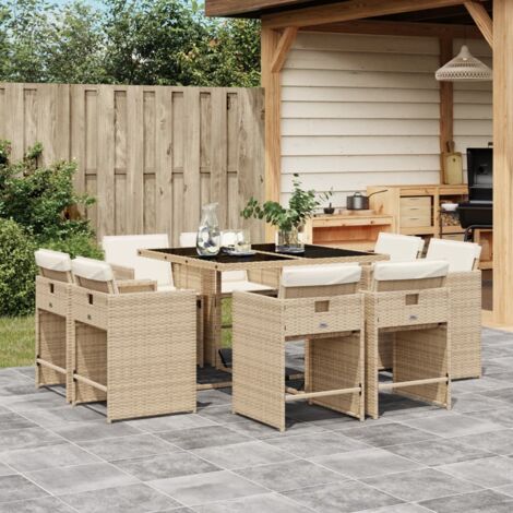 Vidaxl – Ensemble table et chaises de jardin 9 pcs – Résine tressée beige – Dossier rabattable – Coussins épais pour confort – Dimensions table 110x106x73cm