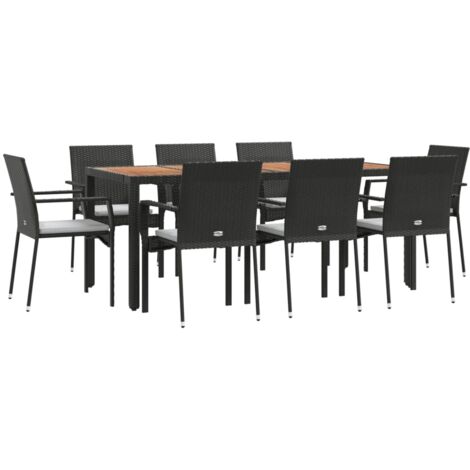 Vidaxl – Ensemble table et chaise de jardin 9pcs – Résine tressée noire – Coussins confortables – Cadre acier robuste – Dessus en bois d'acacia
