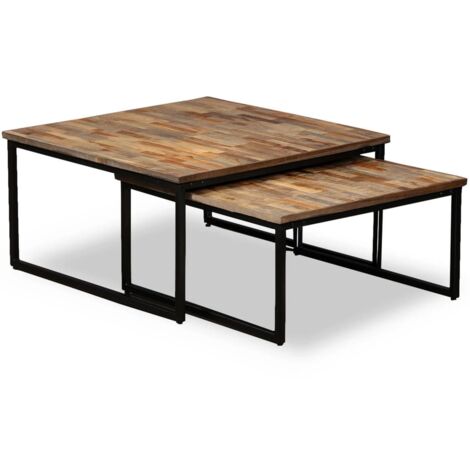 Vidaxl – Ensemble de tables basses gigognes 2 pcs en teck recyclé – Dimensions 75x75x39cm et 65x65x33cm – Surface polie et laquée – Pieds en acier