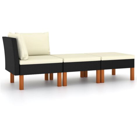 Vidaxl – Salon de jardin 3pcs en résine tressée et bois d'eucalyptus massif – Coussins épais pour confort – Dimensions canapé 64,5x64,5x67cm