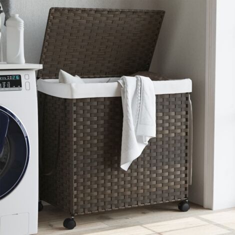 Vidaxl – Panier à linge marron foncé en rotin naturel 60x35x60,5 cm – 3 compartiments – Roulettes avec blocage – Sac intérieur amovible en tissu