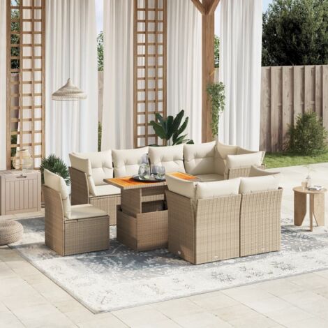 Vidaxl – Salon de jardin 9 pcs beige en résine tressée – 5 sièges d’angle et 3 sièges centraux – Table 100x55cm avec coussins amovibles (1/3)