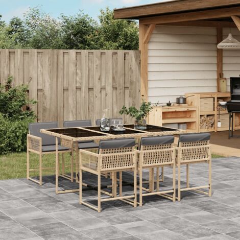 Vidaxl – Ensemble à manger de jardin 7 pcs en poly rotin – Coussins épais – Table en verre trempé – Dossier rabattable pour rangement compact