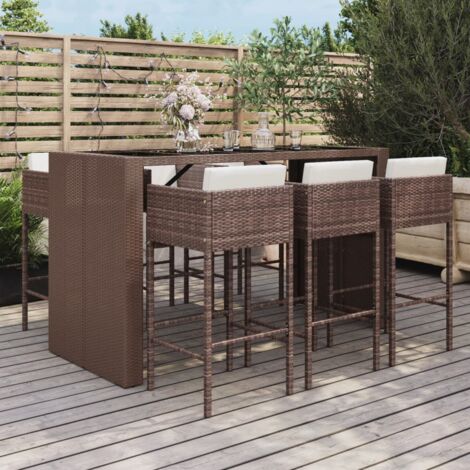 Vidaxl – Ensemble de bar de jardin 7 pcs – Résine tressée marron – Coussins confortables – Table 185x80cm – Tabourets 50x48x100cm