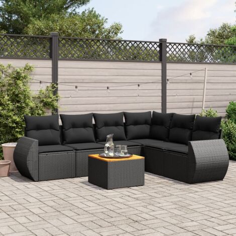 Vidaxl – Salon de jardin 7 pcs – Résine tressée noire – Coussins épais – Table en bois d'acacia – Conception modulaire et résistante aux intempéries (1/5)