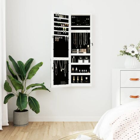 Vidaxl – Armoire à bijoux murale avec miroir et éclairage LED – Bois d'ingénierie blanc – Dimensions 31,5 x 9 x 106 cm – Design verrouillable (1/5)