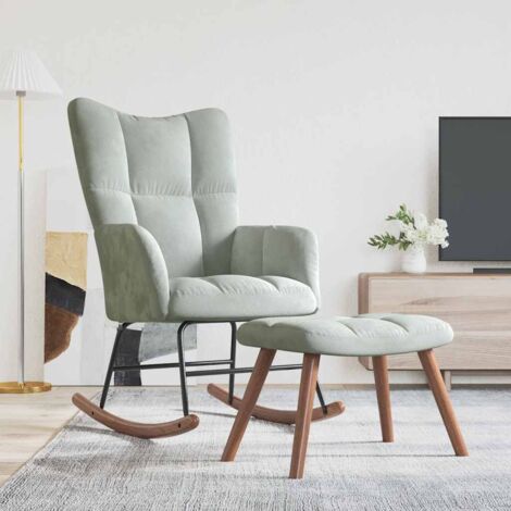 Vidaxl – Chaise à bascule avec tabouret – Velours gris clair – Confort optimal avec mousse rembourrée – Cadre en acier et rails en bois