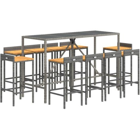 Ensemble de bar jardin 11pcs gris poly rotin/bois massif acacia vidaXL