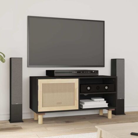 Vidaxl – Meuble TV noir 80x30x40 cm – Bois de pin massif et rotin naturel – 3 compartiments de rangement – Capacité de charge 70 kg