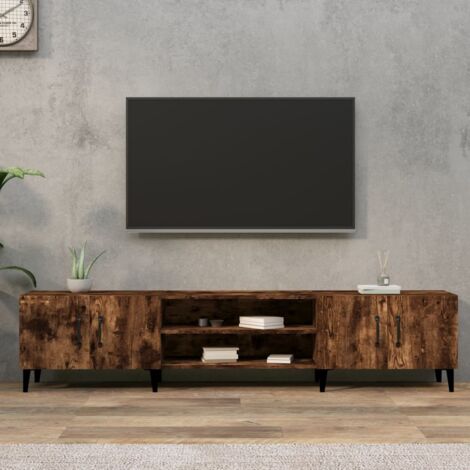 Vidaxl – Meuble TV en bois d'ingénierie chêne fumé 180x31,5x40 cm – 4 compartiments – Pieds en métal – Résistant à l'humidité