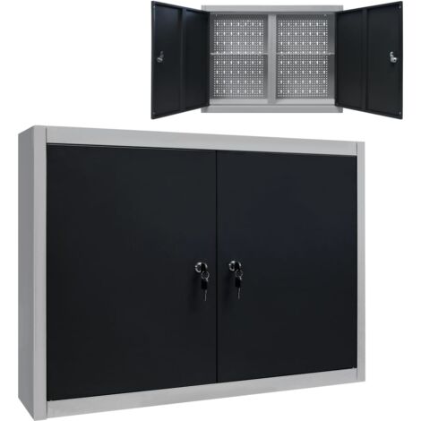 Vidaxl – Armoire à outils murale métal gris et noir – Dimensions 80 x 19 x 60 cm – 2 étagères réglables – Plaque perforée pour outils