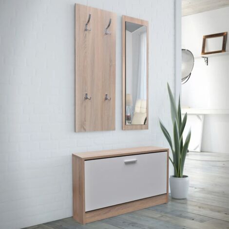 Vidaxl – Armoire à chaussures 3-en-1 chêne et blanc – Dimensions 80 x 27 x 46,5 cm – Miroir avec cadre en bois – Porte-manteau avec 4 crochets