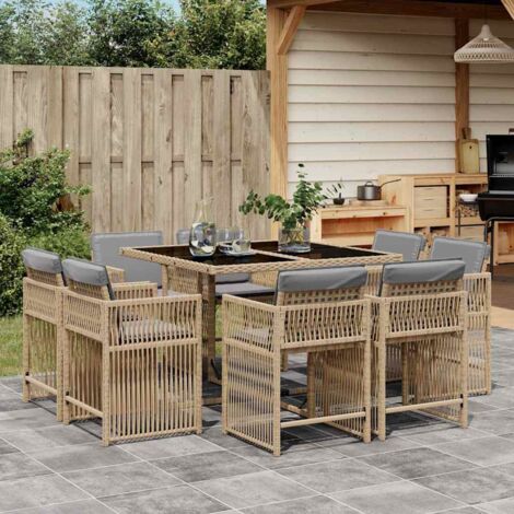 Vidaxl – Ensemble à manger de jardin 9 pcs – Résine tressée et verre trempé – 8 chaises avec coussins amovibles – Dimensions table 110x106x73 cm
