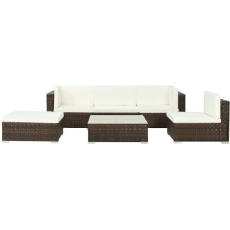 Vidaxl – Salon de jardin 6 pcs – Résine tressée marron – 2 canapés d'angle et 2 centraux – Table basse en verre – Coussins épais 6 cm